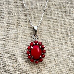 Red Coral and Italian .925 Silver Pendant Necklace